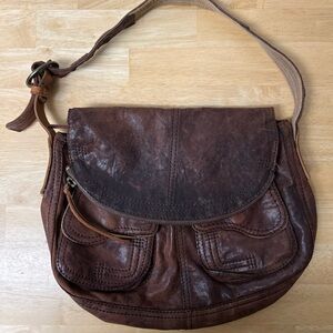 Lucky Brand Vintage Inspired Distressed Leather Stash Flap Hobo Shoulder Bag